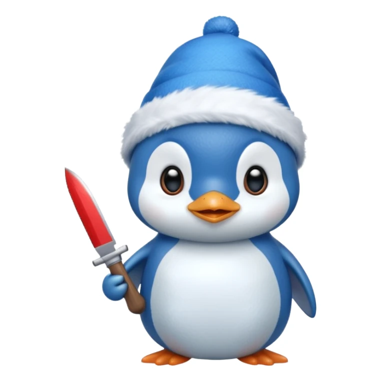 Cute blue pinguin wearing a blue Christmas hat and holding a knife sticker