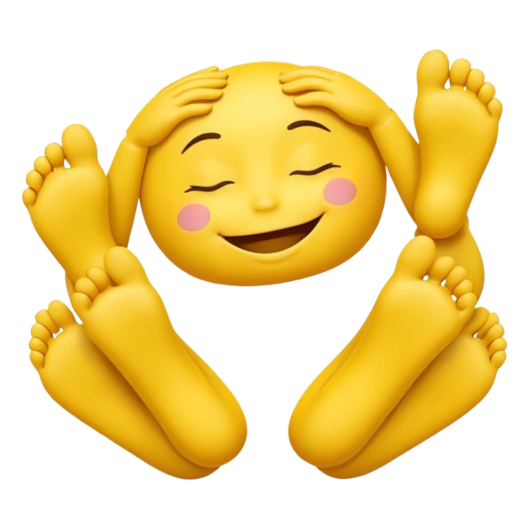 Cute 3D yellow smiley, closed eyes, smile, feet up, hands under chin, white background. sticker