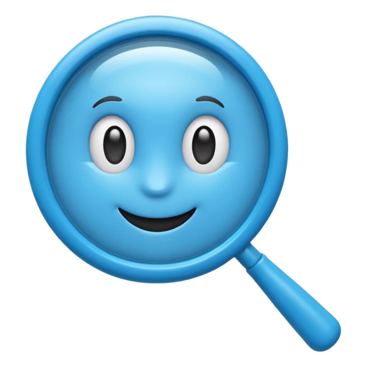 A cute 3D emoji-style blue magnifying glass, glossy plastic material, soft rounded shape, vibrant blue color, smooth reflections, minimal details, centered composition, isolated on a clean background, emoji style, high quality 3D render sticker