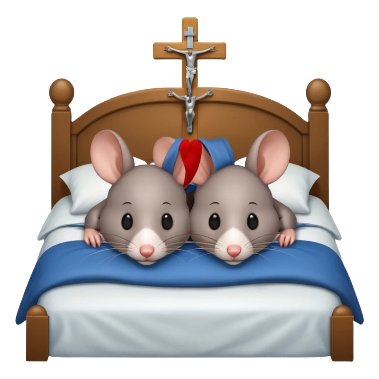 2 rats cuddles together in bed with a crucifix sticker