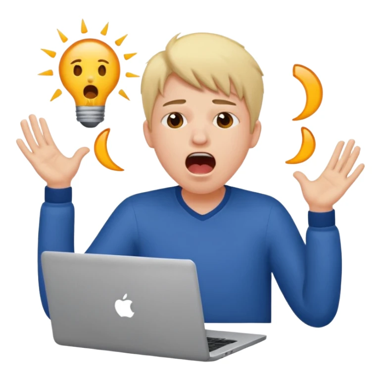 student with laptop, hands up, yawning, tired expression sticker