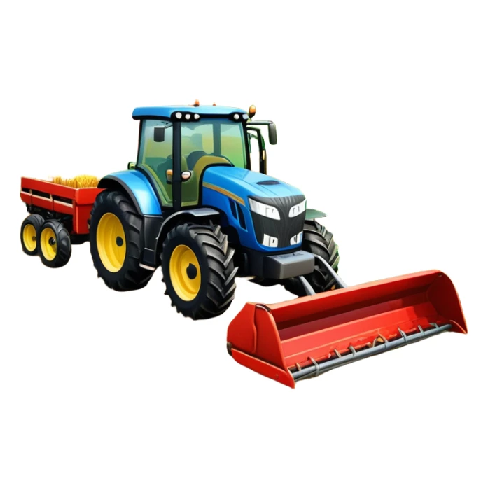 An icon representing a farming simulator, with a detailed tractor with a colorful rural landscape, plowing fields under a bright sky. The design includes farming tools, crops and barns, symbolizing the immersive experience of managing a farm. Transparent background. sticker