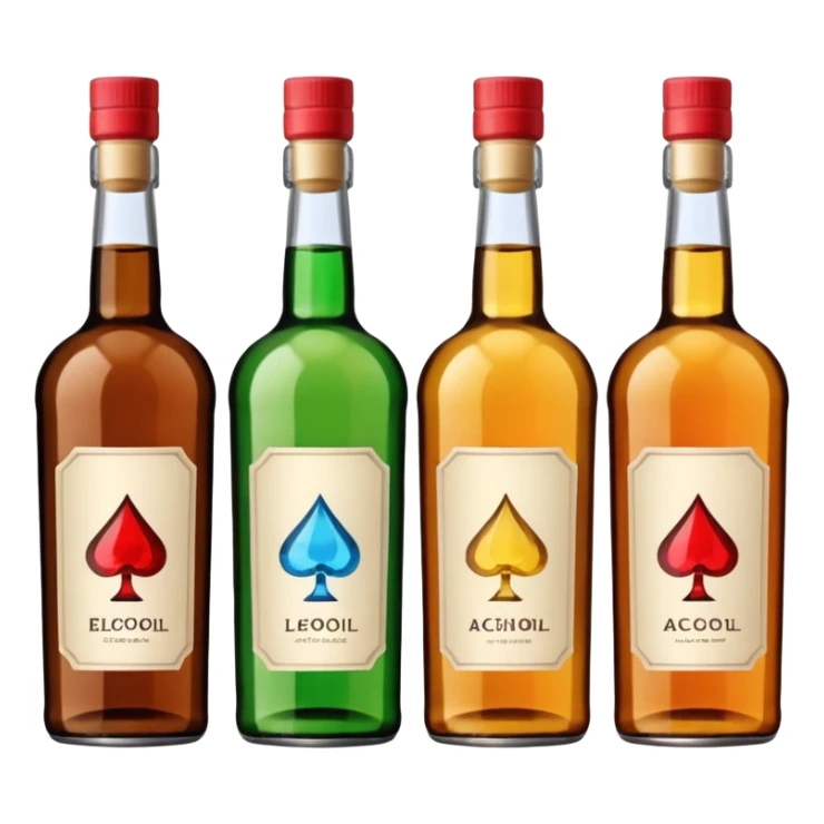 Four bottles of alcohol, each with distinct shapes and labels, arranged neatly in a row. The bottles should vary in color and size, with detailed labels and caps. sticker