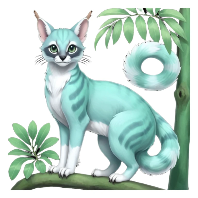 Colorful dark tropical pale light jade-green, mint-blue, whitish pastel white glorious divine exotic cute cool beautiful shiny beautiful fantasy-caracal-civet-genet-sergal-vernid-Gryphon-Cacomistle-Trico-oncilla-animal-Fakémon-hybrid-fursona (full body) sticker