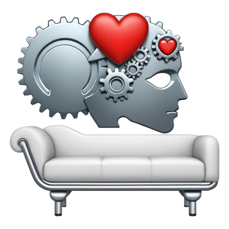 An icon featuring a human head silhouette with gears and a heart inside, symbolizing psychology. The design includes a therapy couch and a speech bubble, representing mental health and communication. Transparent background highlights the study of the human mind and behavior. sticker
