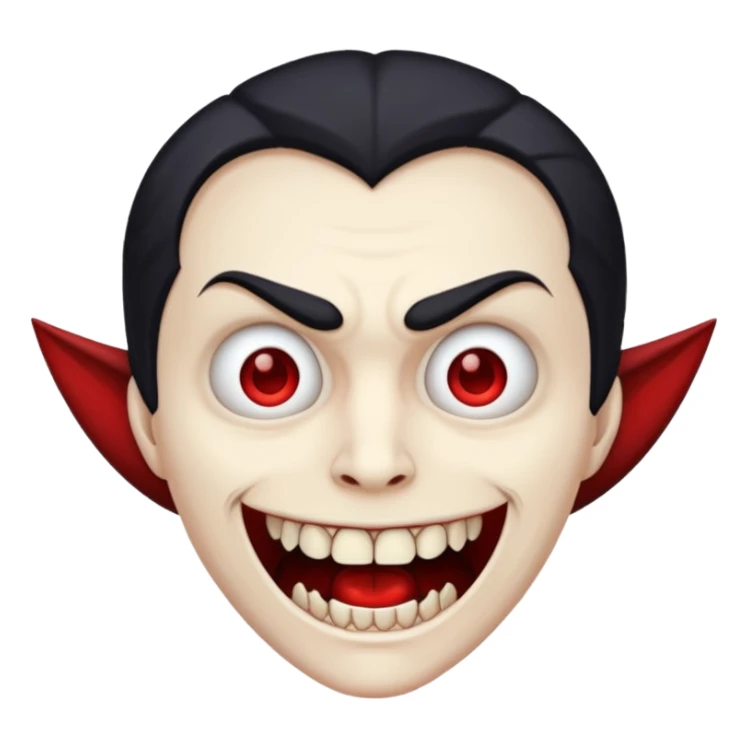 Vampire head, fangs, pale skin, cartoon horror emoji, no background sticker