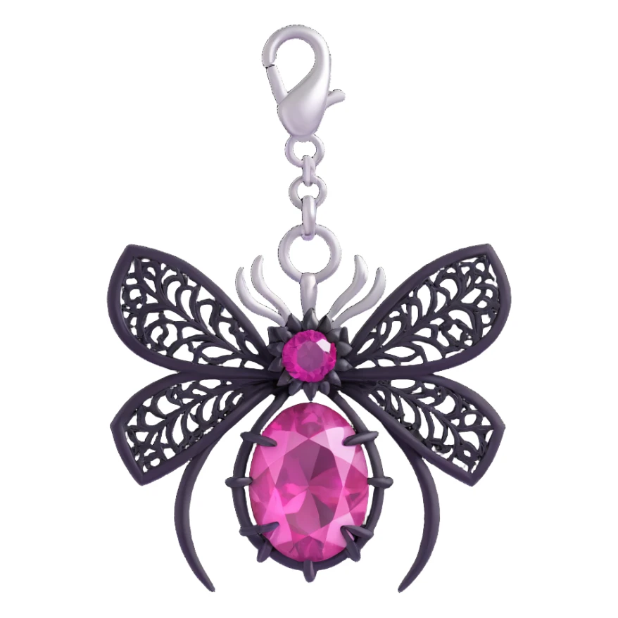 3D emoji style pink bow with gothic effect, black lace trim, silver spider charm, and deep magenta gemstone center sticker