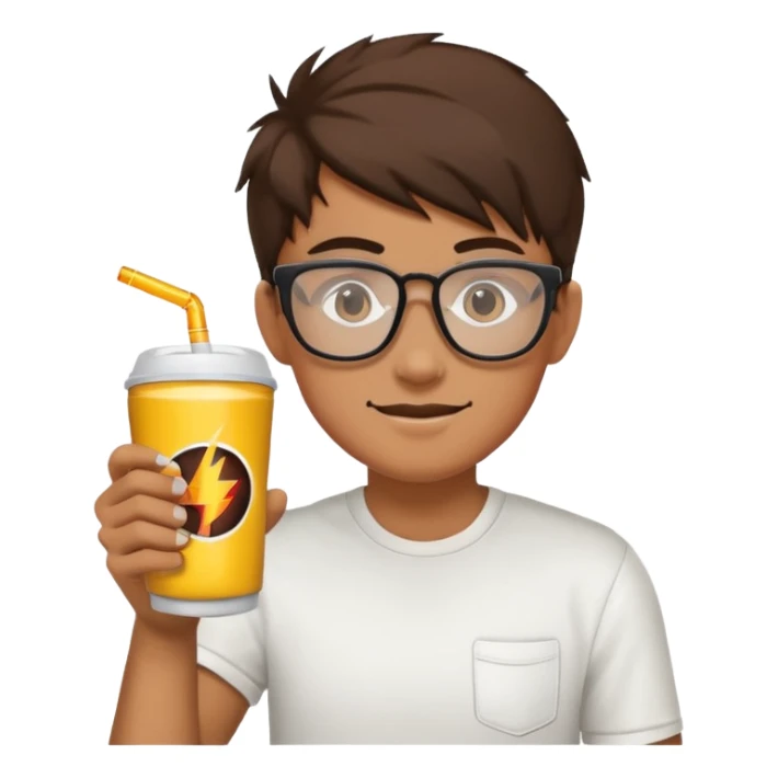 Gamer with big glasses and energy drink coffee sticker