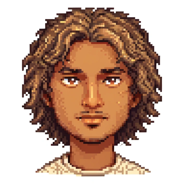a man with wavy hair, light brown skin, and a small mole on his left cheek, pixel art style sticker