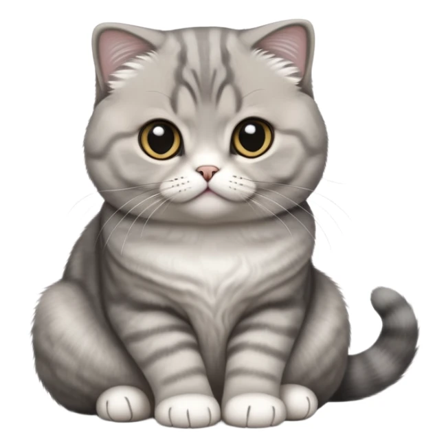 cinematic-[scottish fold cat]-realistic-full-body-sitting-emoji,-tail-curled-playfully-around-its-paws,-head-tilted-dramatically,-fluffy-[grey]-fur,-simplified-yet-realistic-focused-features,-highly-detailed,-glowing-with-an-almost-sarcastic-glow sticker