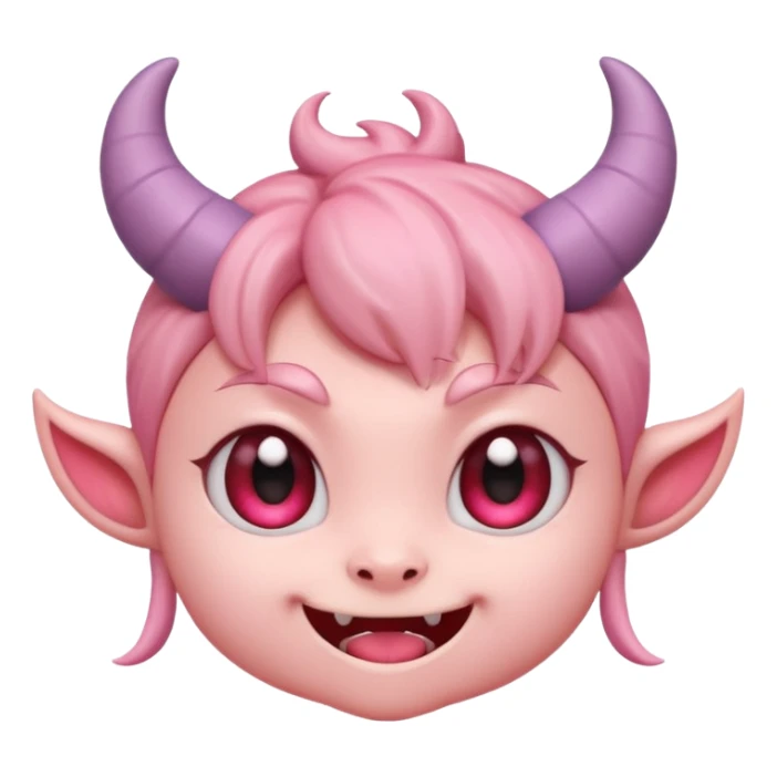 Cute demon cartoon emoji character, chibi proportions, small horns, mischievous smile, big expressive eyes, soft rounded face, tiny fangs, stylized hair, clean smooth shading, simple shapes, friendly not scary,  sticker