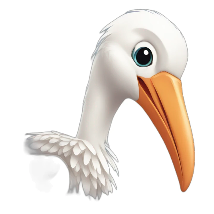  white stork with a long beak. The stork is carrying a bundle of cloth in its beak that has a cute baby human and his face peeking out from it sticker