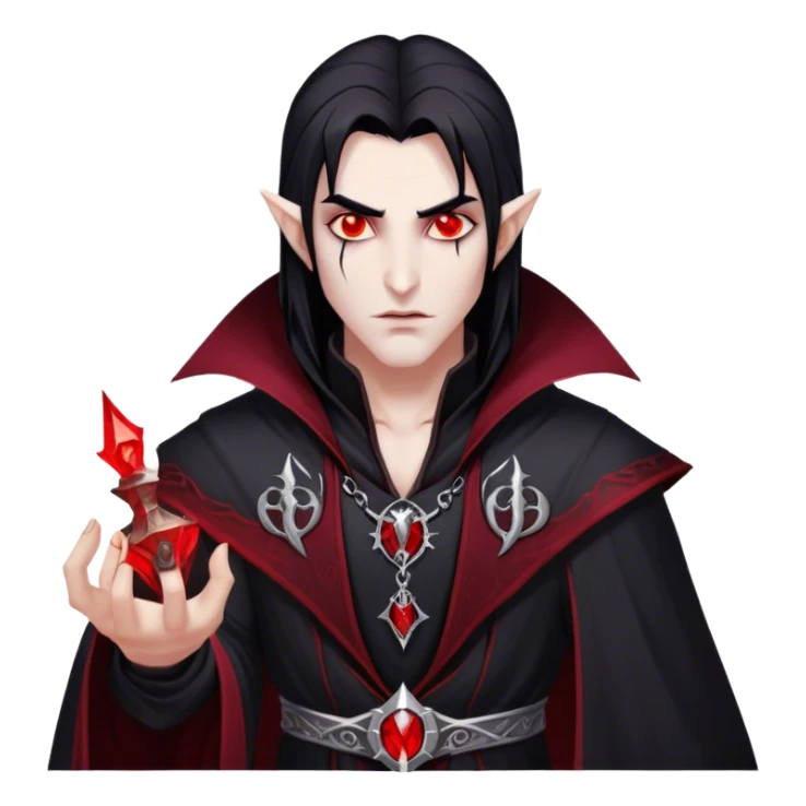 Cinematic Realistic WoW Vampire Mage Portrait, head tilted epicly and inquisitively, showcasing a commanding presence and ancient arcane mastery. His pallid skin and sleek dark hair are set against the intricately detailed black robe—with silver accents and mystical runes—that remains consistent in its shadowed elegance. His piercing crimson eyes blaze with forbidden power, rendered with dramatic, lifelike clarity and high shine, epic and awe-inspiring. sticker