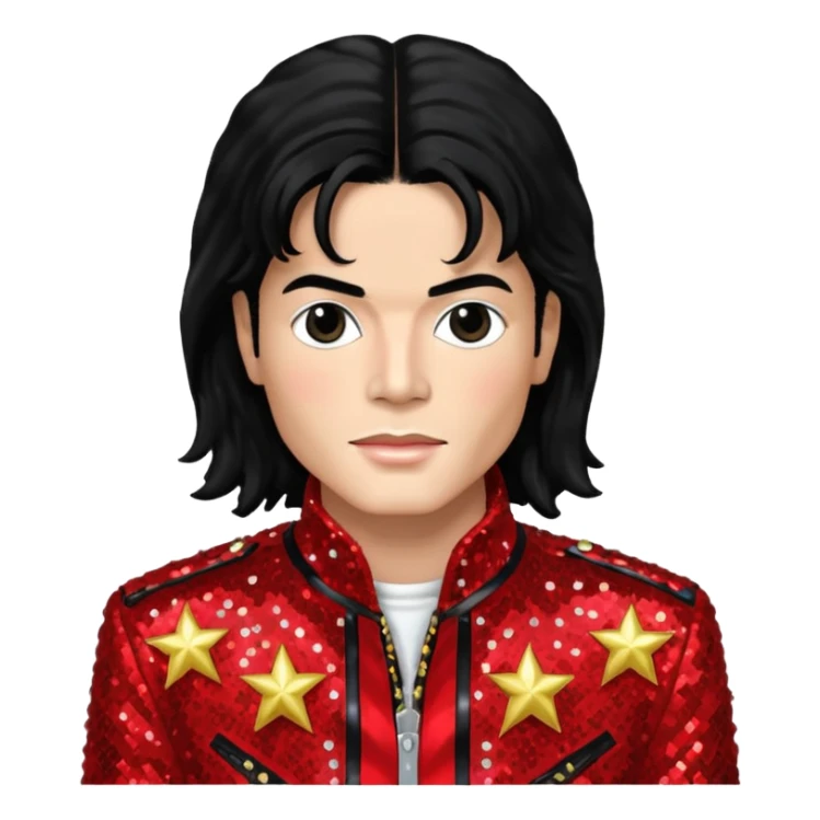 Michael Jackson with black long hair, red sequin jacket, black shirt, light skin sticker