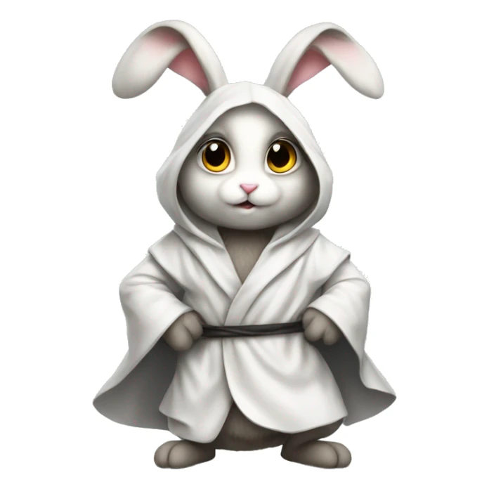A white rabbit, fluffy, sitting on the ground,big eyes. in a metal robe sticker