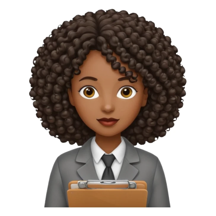 black professional woman with curly hair and a clipboard sticker