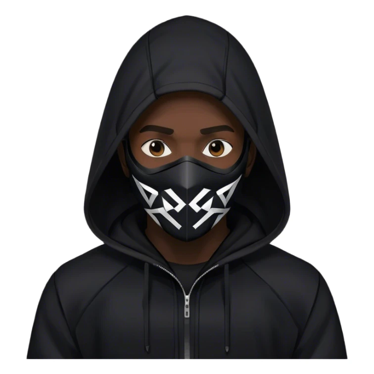 man with black hooded jacket and a black full-face geometric mask sticker