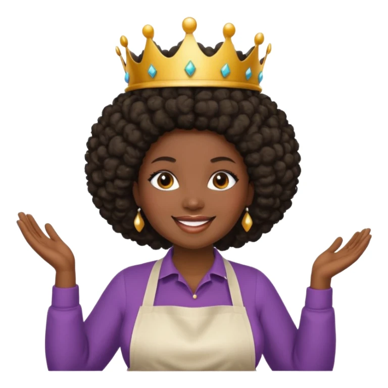 Mujer curvy afro, con vestimenta cómoda y delantal,con una corona sobre su cabeza y sonrisa contagiosa.  sticker