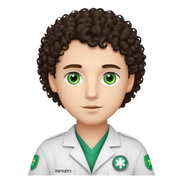 male dark brunette curly hair green eye vet sticker