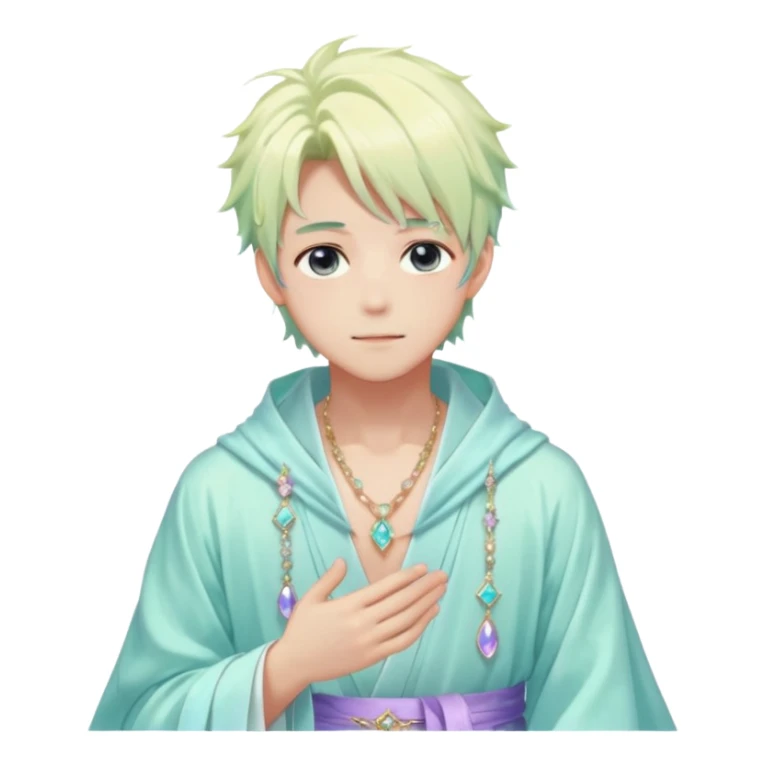 Beautiful gorgeous romantic blushing youthful handsome anime guy with beautiful iridescent-pastel-whitish-special-gently-tousled-hair, fashion aesthetic, ethereal, fairycore, pastelcore, layered robes, accessories, jewelries, colorful, shiny, trending style, outside sticker