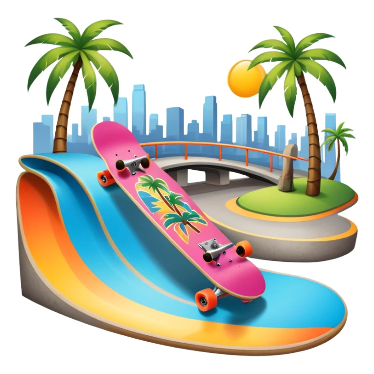 An icon featuring a skateboard resting on a smooth concrete surface. The background shows a sunny skate park with ramps, graffiti walls, and palm trees, creating an urban vibe. The skateboard is designed with vibrant colors and unique graphics. Transparent background  sticker