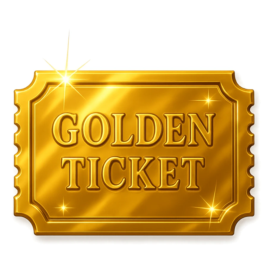 a luxurious golden ticket with a glossy finish, shiny gold, reflective, embossed details, sparkles and shine sticker
