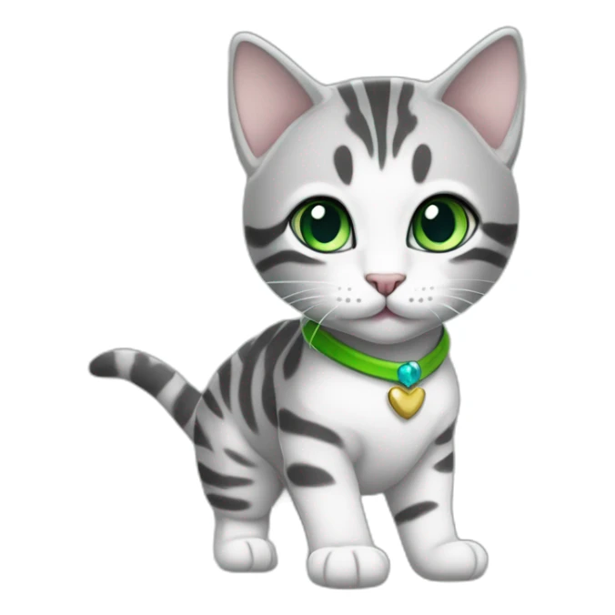 cute light white and grey domestic shorthair tabby with green and blue eyes black pupils, walking and playing wearing a cute costume female sticker