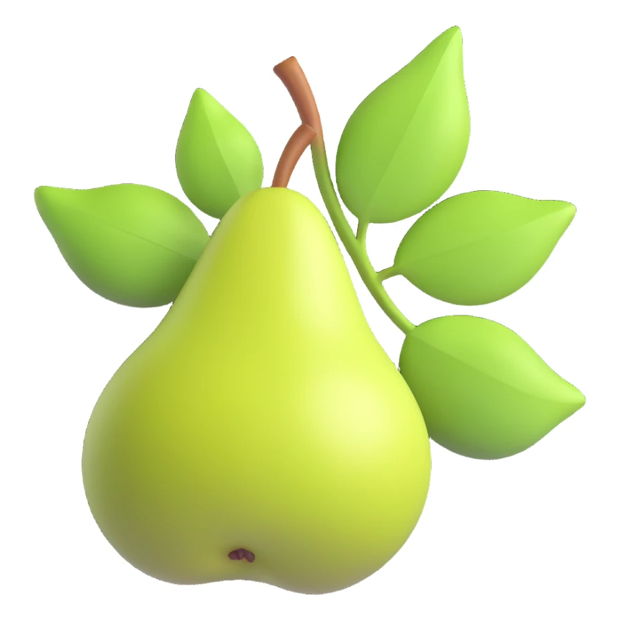 one pear with two large leaves, 3D iOS style, volumetric shapes, pastel colors, soft lighting, modern iOS icon style, no background sticker