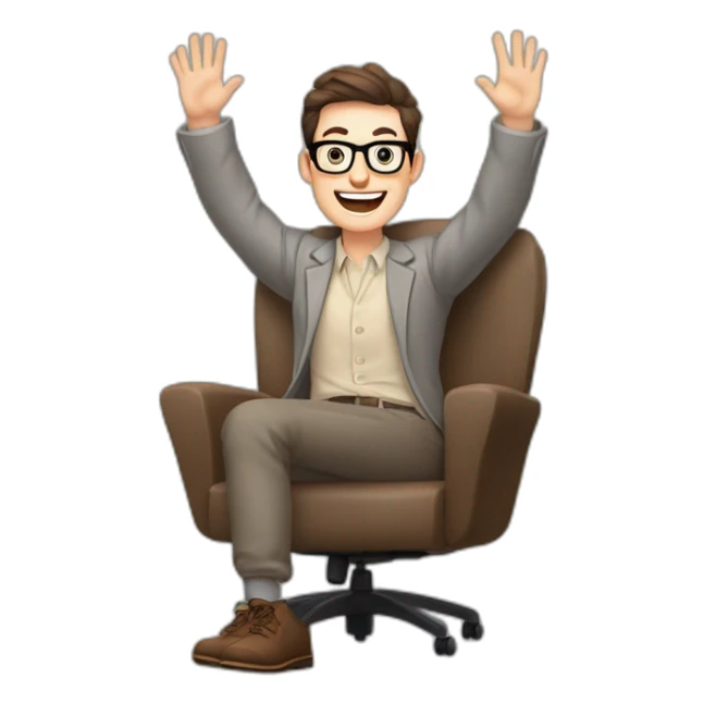 Joyful Celebrating victory Hands up Pale skinned Fit Man With dark brown hair in gray jacket, beige office shirt, Brown pants and vintage glasses sitting In a soft chair sticker