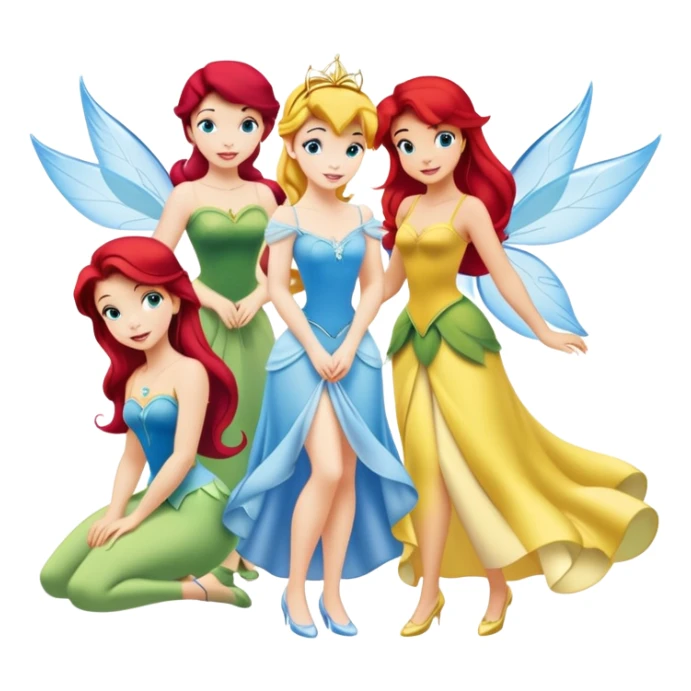 four minimal Disney princesses in one image: Belle with yellow dress, Tinkerbell with wings, Ariel with red hair and tail, Cinderella with blue dress sticker