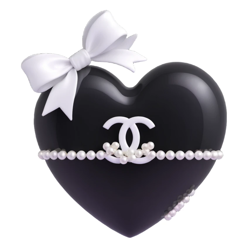 Add a white bow to the heart with pearls and white Chanel logo, keep it elegant, glossy, black and white, 3D emoji style. sticker