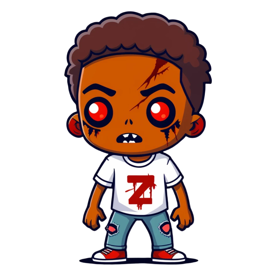 brown-skinned boy with red eyes, zombie face, sticker style sticker