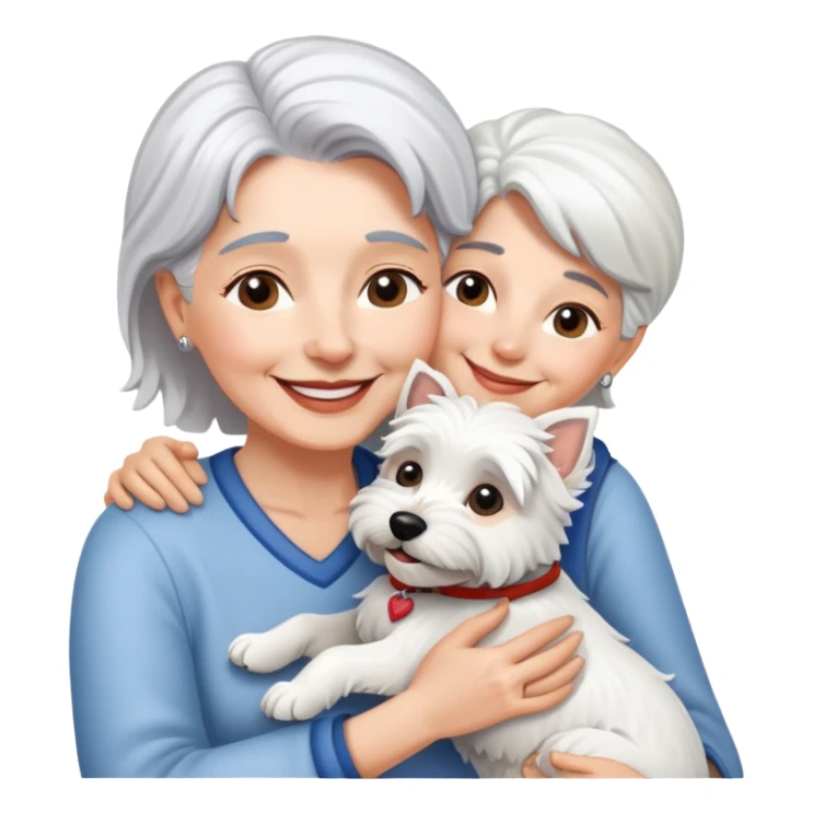 one silver-haired 60-ish lady smiling and hugging ONE westie dog sticker