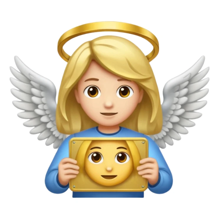 "Um emoji de anjo com cabelos loiros, um halo, asas, segurando um sinal de 'compartilhar' em letras em negrito." sticker