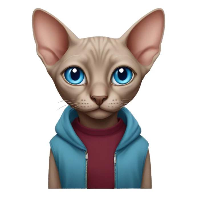 sphinx cat with blue eyes in a burgundy sweatshirt sticker