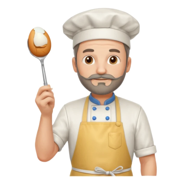 Middle aged male pastry chef - with a small beard, apron, white hat, holding an egg beater in his right hand, and his left hand naturally hanging down to his side sticker