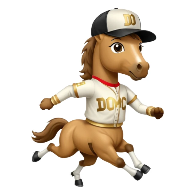 friendly anthropomorphised horse in RUN DMC style outfit, gold medal, baseball hat sticker