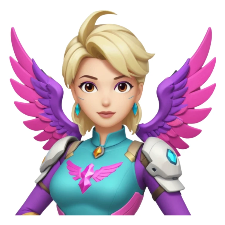 Overwatch Mercy flying, 80s outfit, teal pink and purple sticker