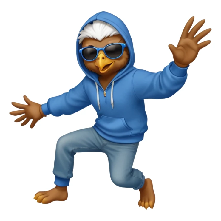 friendly anthropomorphised eagle with arms in a hoodie and jeans with sunglasses leaping, energetic pose sticker