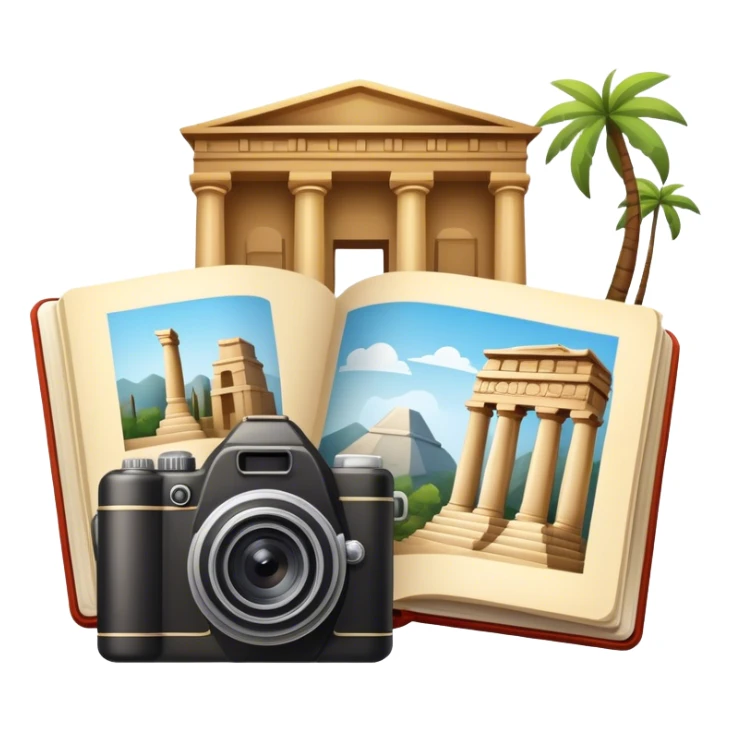 Icon for Historical and Cultural Tourism: iconic landmarks like ancient ruins, a museum and a historical monument, with a travel guidebook and camera. The icon should capture the exploration of history and culture. Transparent background. sticker