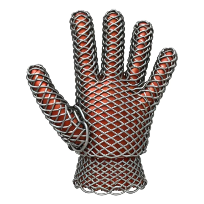3D render of Butcher’s Glove, made of interlocking chainmail metal rings, wire mesh texture, visible holes and negative space, metallic silver and grey, high contrast shadows, Apple emoji style, isolated on white background --v 6.0. sticker