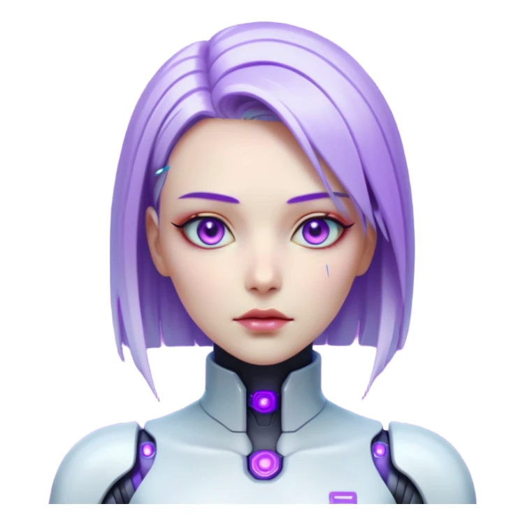 Cyberpunk female android, perfect porcelain skin, glowing artificial eyes, visible faint seams on neck, sleek metallic hair, expressionless, vibrant violet lighting sticker