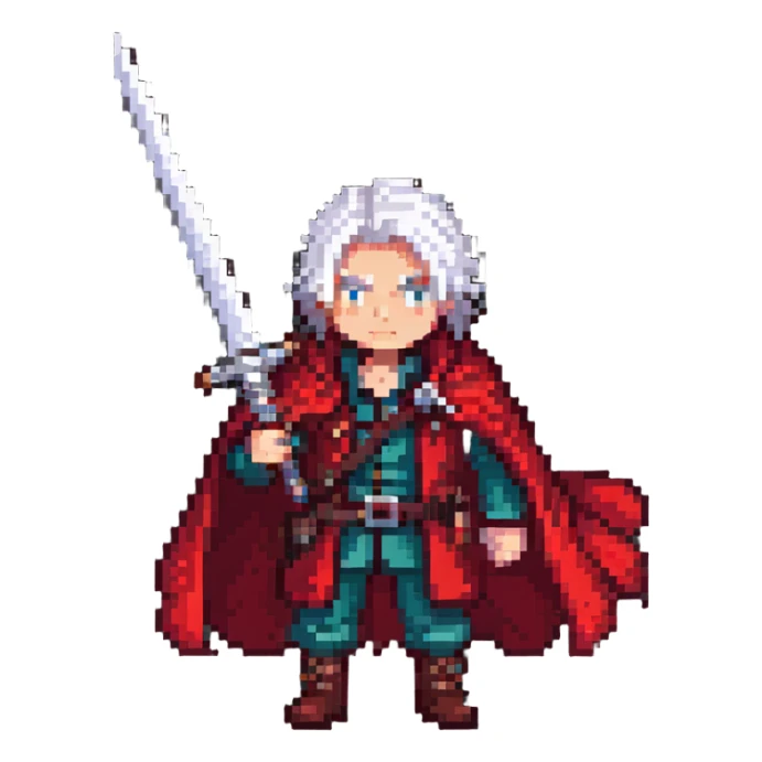 Dante from Devil May Cry with white hair, red coat, sword sticker