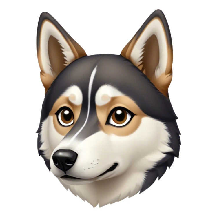 Dog face with black, white and tan. Mostly Black, down around eyes and down side of nose. Tan eyebrows and white on the rest of the nose and a small triangular strip up between the eyes. Pointy black ears. Shepard and husky like sticker