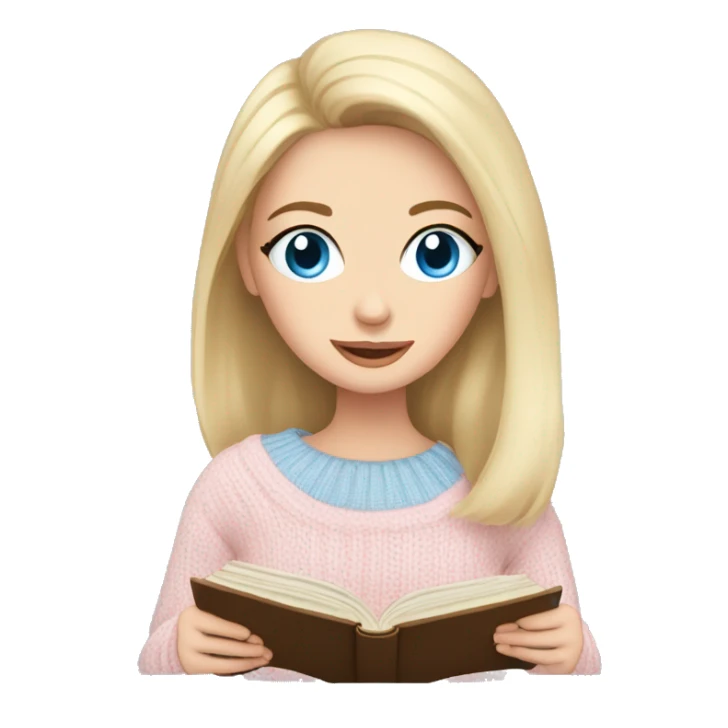 Pretty blue eyed white girl with light pink sweater reading cozy sticker