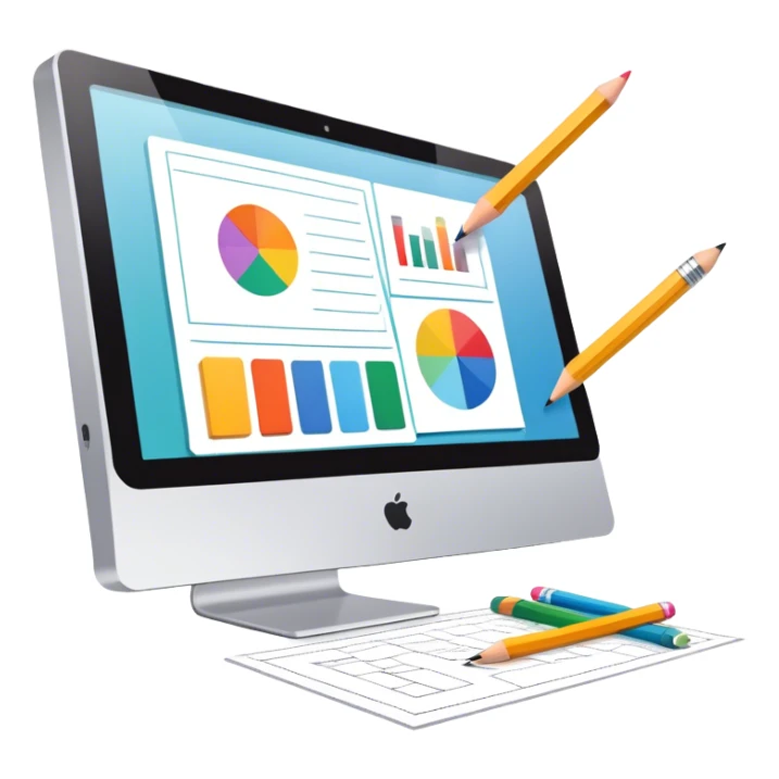 Professional emoji for Graphic Design: a computer screen displaying a design layout, vector shapes, a color palette, and design tools like a pencil and ruler. The icon should represent creativity and precision in graphic design. Transparent background. sticker