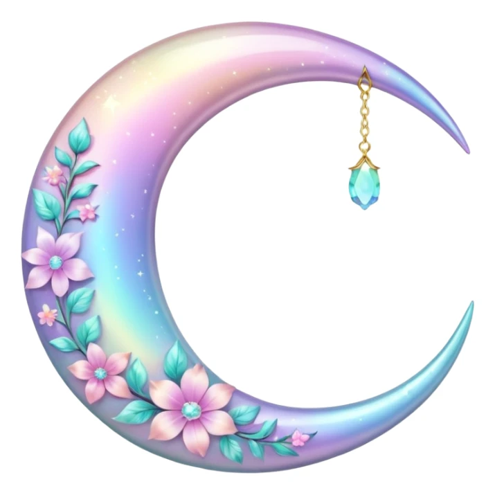 glossy Pastel iridescent floral shiny crystal crescent damask moon sticker