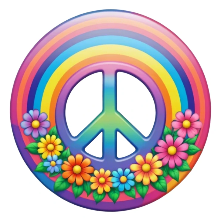 A round psychedelic colored button that says Peace with rainbow colored hippie style flowers sticker