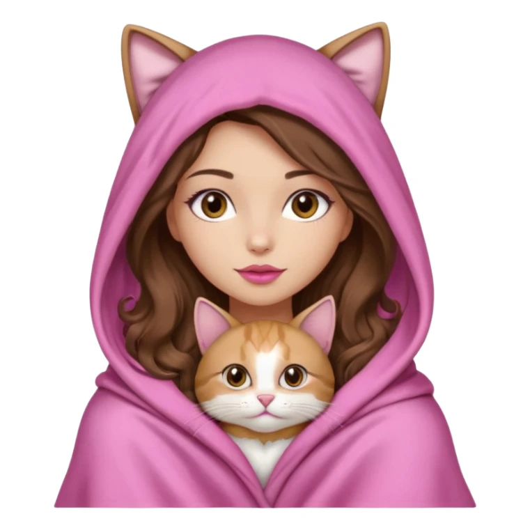 girl with long wavy brown hair, brown eyes, long lashes makeup, sexy pink lips, light to medium complexion, wearing a pink sexy silk top, big blanket over the head cozy holding a cat, no cat earn on the hood sticker