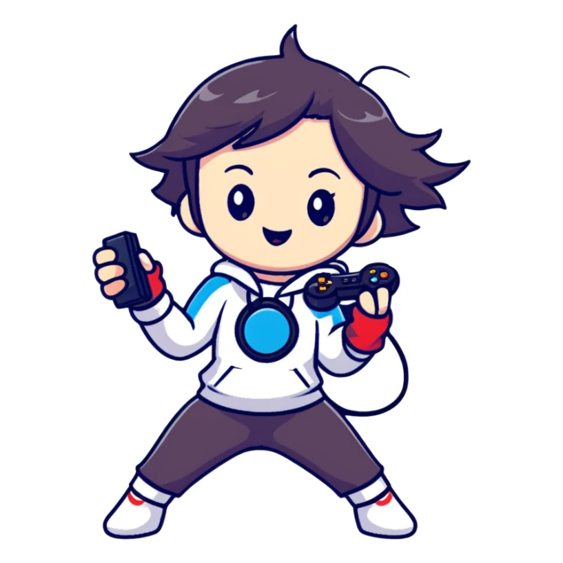 magical heroine chibi emote holding a game controller, excited gaming pose sticker